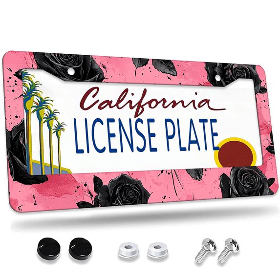 1 Pcs Black Roses on Pink License Plate Frame, License Plate Cover for Car Decorative Parts, Aluminum License Plate Bracket Holder Rust-Proof Weather-Proof for US Standard Car