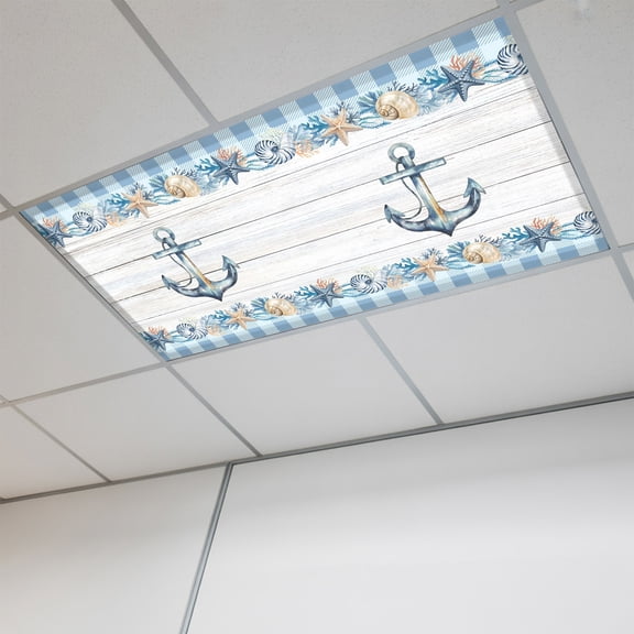 1 Pcs Blue Anchor Coastal Fluorescent Light Covers Summer Starfish Beach Shell Coral Wood Grain Magnetic Light Covers for Ceiling Lights 4 x 2 ft Drop Ceiling Lights Cover Shade for Office, Home,