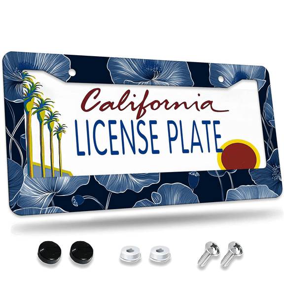 1 Pcs Blue Flowers License Plate Frame, License Plate Cover for Car Decorative Parts, Aluminum License Plate Bracket Holder Rust-Proof Weather-Proof for US Standard Car