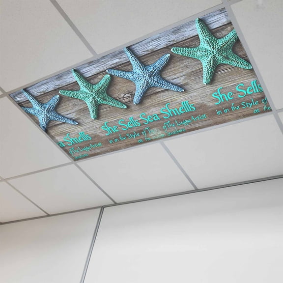 1 Pcs Blue Green Starfish Fluorescent Light Covers Coastal Ocean Farmhosue Wood Plank Magnetic Light Covers for Ceiling Lights 4 x 2 ft Drop Ceiling Lights Cover Shade for Office, Home, Hospital
