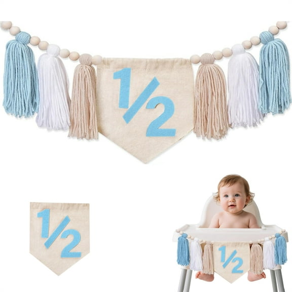 1 Pcs Blue Half Birthday Theme Banner,Boho Tassel Highchair Banner,Wood Bead Wall Hangings Decorations,for 6 Month 1/2 Birthday Party Baby Shower By Scheam