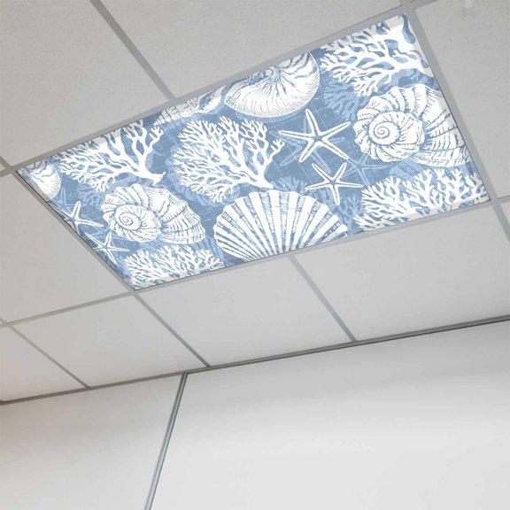 1 Pcs Blue Ocean Life Fluorescent Light Covers Coastal Starfish Nautical Shell Conch Coral Magnetic Light Covers for Ceiling Lights 4 x 2 ft Drop Ceiling Lights Cover Shade for Office, Home, Hospital
