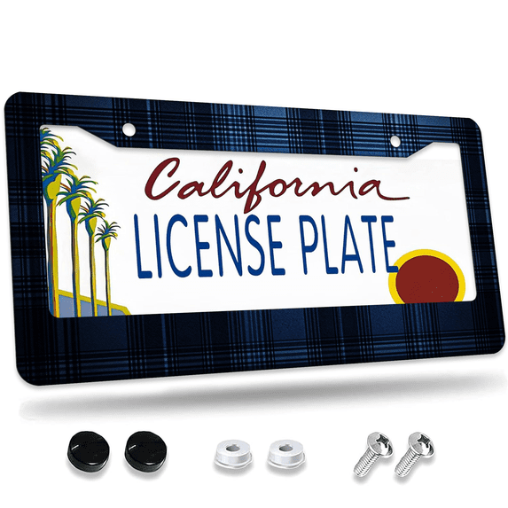 1 Pcs Blue Plaid Pattern License Plate Frame, License Plate Cover for Car Decorative Parts, Aluminum License Plate Bracket Holder Rust-Proof Weather-Proof for US Standard Car
