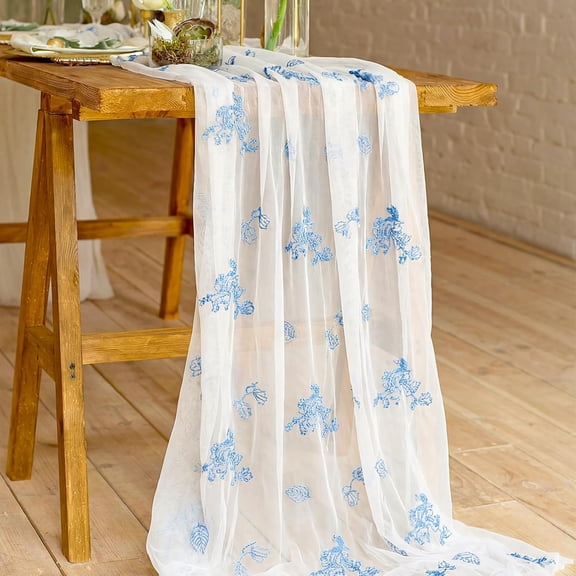 1 Pcs Blue and White Table Runner Floral Embroidered Table Runner Tulle 30 x 120 Inches Flower Sheer Tablecover Chinoiserie Decor Seasonal for Kitchen Dining Party Wedding