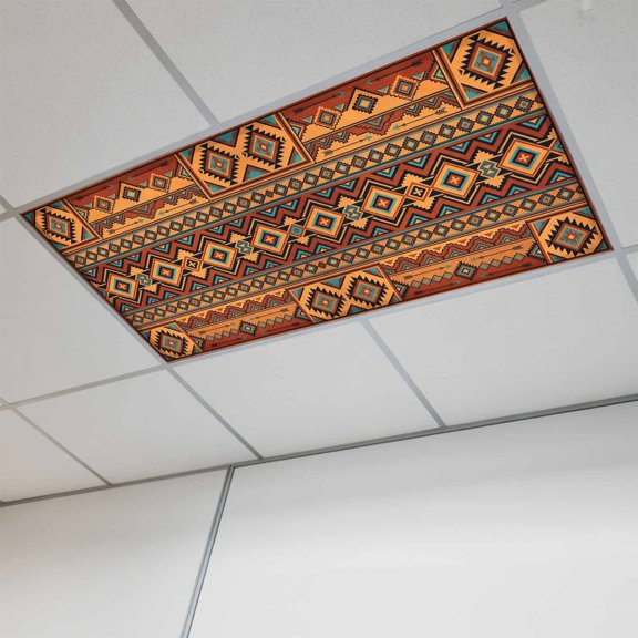 1 Pcs Boho Geometric Fluorescent Light Covers Retro Tribal Ethnic Grid Brown Orange Aztec Magnetic Light Covers for Ceiling Lights 4 x 2 ft Drop Ceiling Lights Cover Shade for Office, Home, Hospital