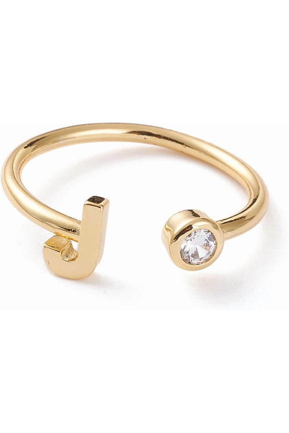 1 Pcs Brass Micro Pave Clear Cubic Zirconia Cuff Rings Open Rings Real 18K Gold Plated Letter.J Rings for Women Wedding Engagement Party Jewelry Gift US Size 6