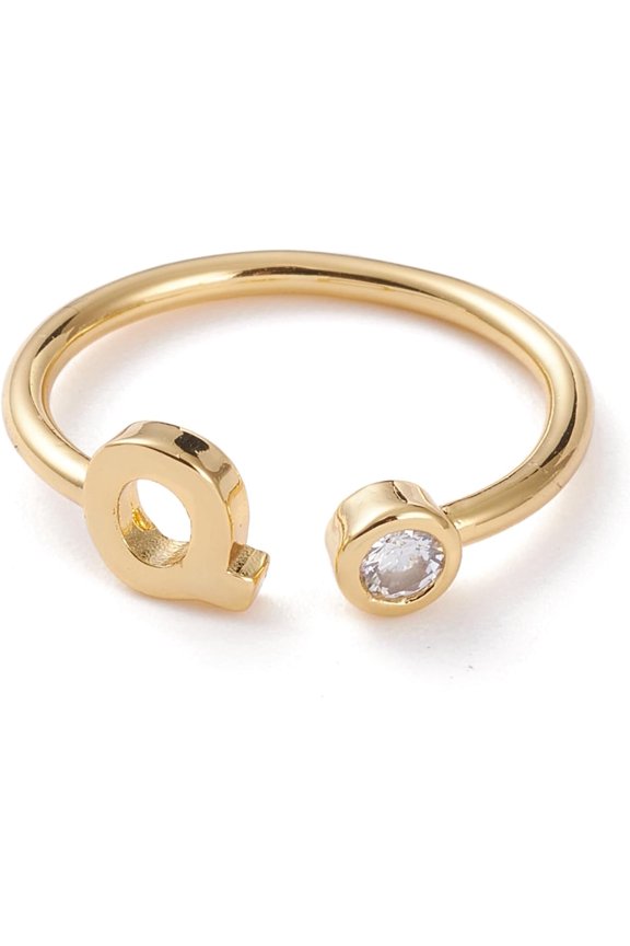 1 Pcs Brass Micro Pave Clear Cubic Zirconia Cuff Rings Open Rings Real 18K Gold Plated Rings Accessory for Women Wedding Engagement Party Jewelry Gift Letter.Q US Size 6 Inner Diameter: 17mm for DIY