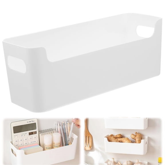 HYG 1 Pack Plastic Wall Mount Organizer 10"×3.74" Self-Adhesive Plastic Storage Boxes Drawer Dividers No Drill Cabinet Door Caddy for Kitchen Bathroom Pantry Garage (White)
