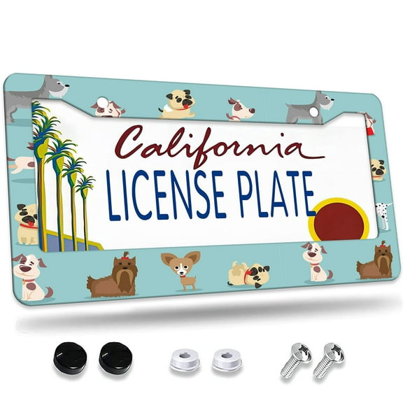 1 Pcs Cartoon Dogs on Light Blue License Plate Frame,License Plate Cover for Car Decorative Parts,Aluminum License Plate Bracket Holder Rust-Proof for US Standard Car