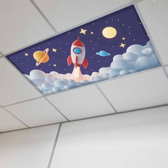 1 Pcs Cartoon Rocket Fluorescent Light Covers Cloud Space Stars Cute Planet Classic Magnetic Light Covers for Ceiling Lights 4 x 2 ft Drop Ceiling Lights Cover Shade for Office, Home, Hospital