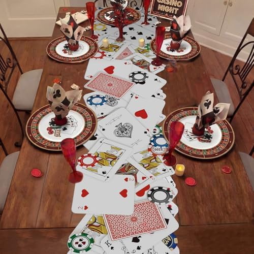 1 Pcs Casino Theme Party Decorations Linen Poker Chip Table Runners 70 x 12 Inch Las Vegas Night Theme Decor Table Runner for Casino Parties Birthday Bachelorette Playing Card Party Supplie