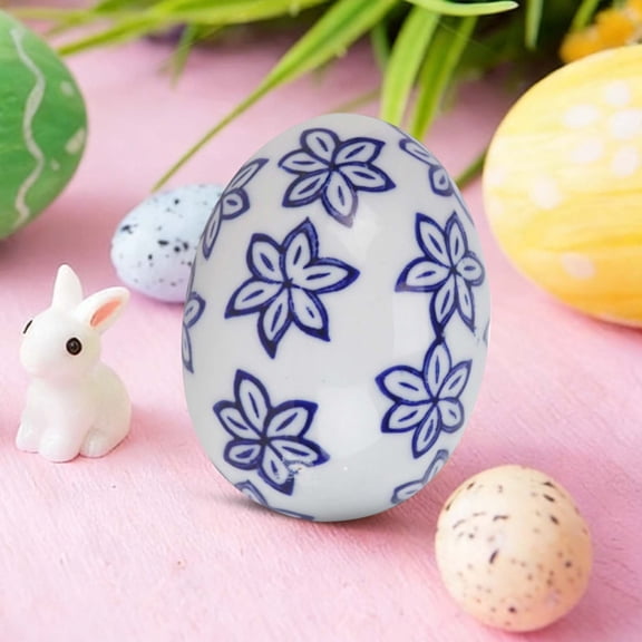 1 Pcs Ceramic Easter Eggs Decorations Chinoiserie Blue and White Floral Eggs Figurines Porcelain Egg Decorative for Easter Basket Fillers Table Setting Spring Party Favors,2.7''