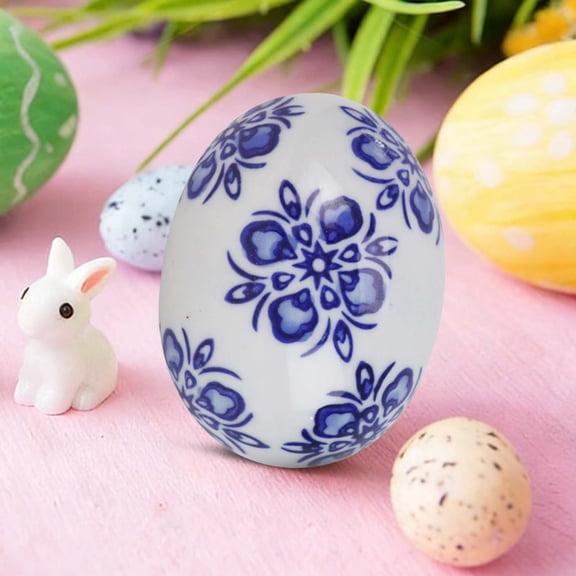1 Pcs Ceramic Easter Eggs Decorations Chinoiserie Blue and White Floral Eggs Figurines Porcelain Egg Decorative for Easter Basket Fillers Table Setting Spring Party Favors,2.7''