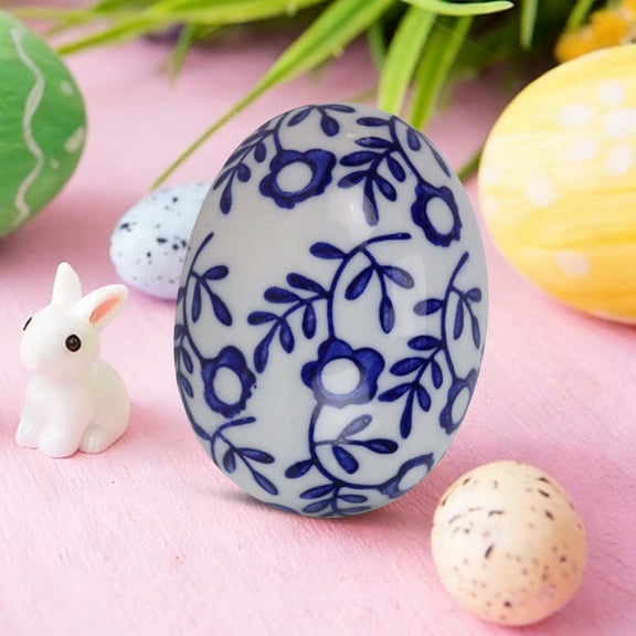 1 Pcs Ceramic Easter Eggs Decorations Chinoiserie Blue and White Floral Eggs Figurines Porcelain Egg Decorative for Easter Basket Fillers Table Setting Spring Party Favors,2.7''