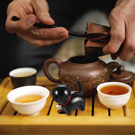 1 Pcs Ceramic Lucky Cat Tea Pet, Figurine with Bell Collar, for Home Office Tea Room Desktop Decorations Gifts, Black