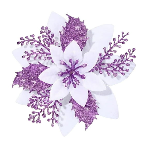 1 Pcs Christmas Artificial Poinsettia Flowers,Poinsettia Flower Tree Decoration, 5.9" Glitter Poinsettias Flowers with Clips for Christmas Tree DIY Xmas Wreath Party New Year Decor(Purple)