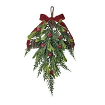 1 Pcs Christmas Mistletoe Picks Decor Artificial Hanging Bunch Ornament With Velvet Bow Berries Pine Cones For Home Door Decoration