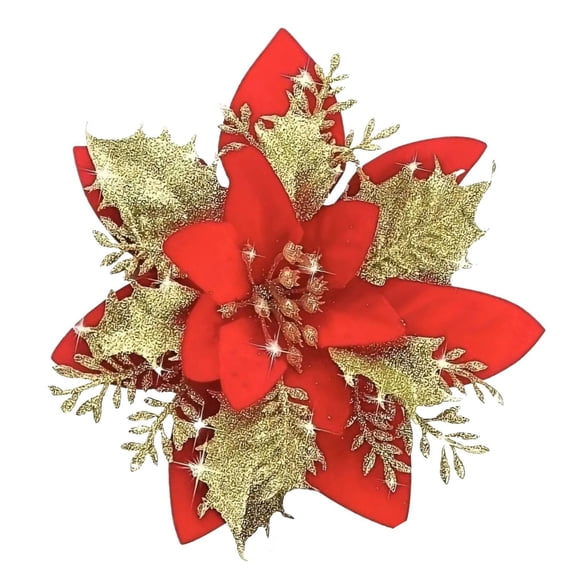 1 Pcs Christmas Poinsettia Artificial Flowers Decorations,5.7 Inch Christmas Tree Wreaths Garland Decoration,Glitter Flowers Picks Decor,Glitter Christmas Flowers,(Red,5.7 in)