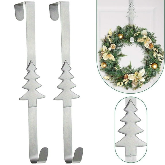 1 Pcs Christmas Silver Metal Wreath Hanger, 15 Inches Wreath Hook with Christmas Tree for Front Door, Heavy Duty Wreath Holder for Wreath Christmas Decorations