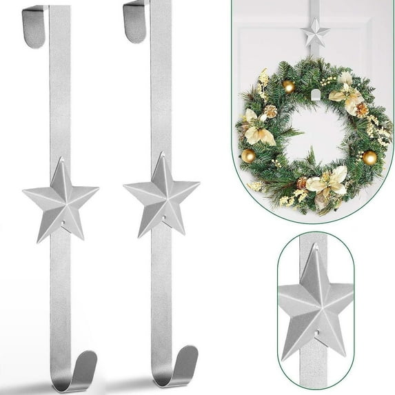1 Pcs Christmas Silver Metal Wreath Hanger, 15 Inches Wreath Hook with Star for Front Door, Heavy Duty Wreath Holder for Wreath Christmas Decorations