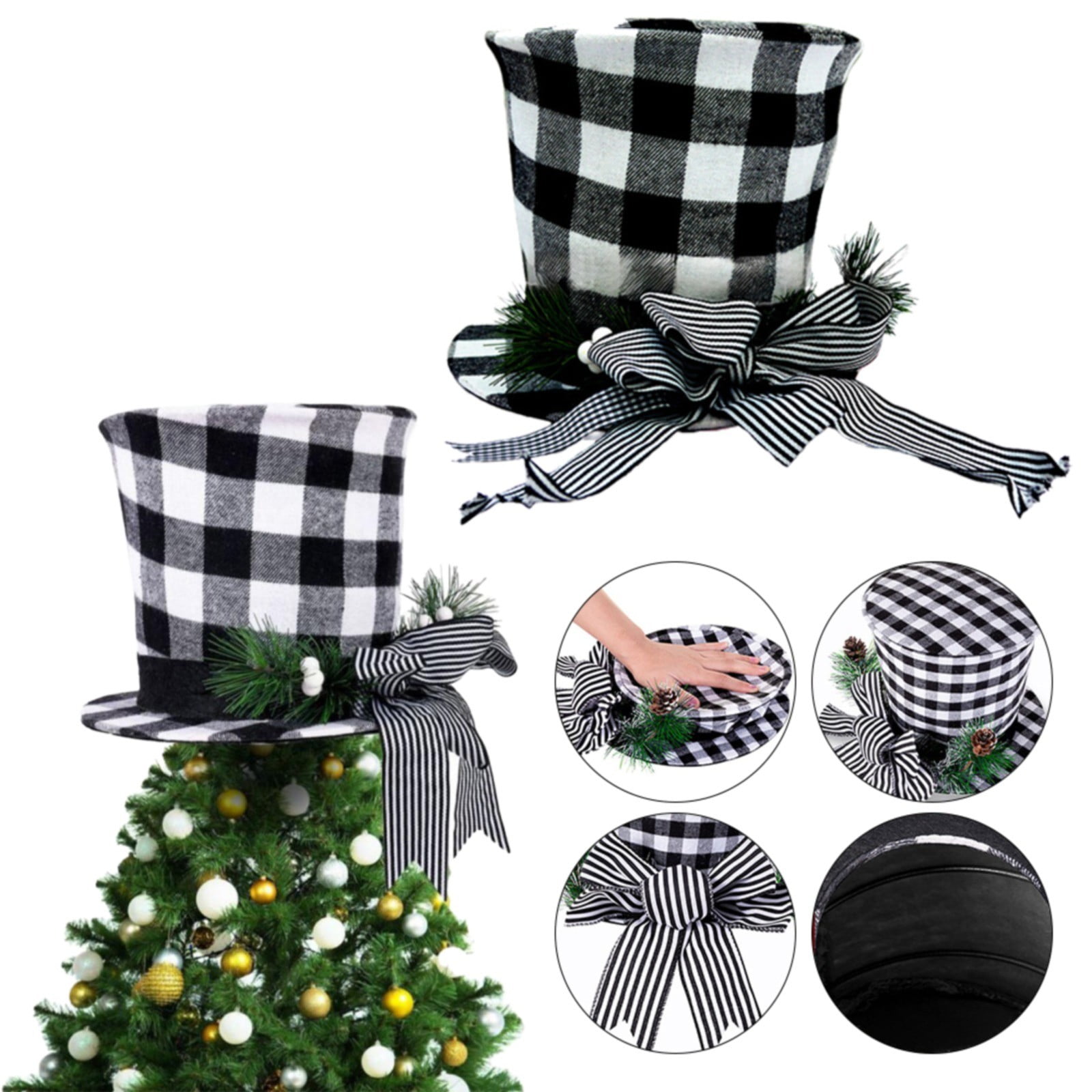 1 Pcs Christmas Tree Topper Hat with Buffalo Plaid Bow Ribbon Christmas