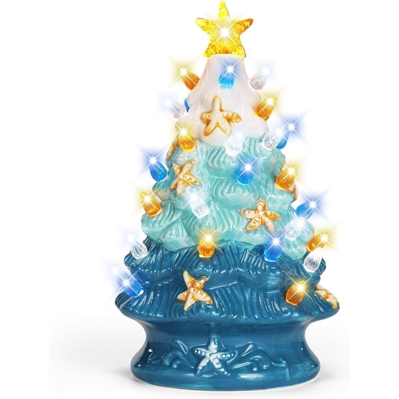 1 Pcs Christmas Tree with LED Lights Sea Star Table Centerpiece Blue Ocean Xmas Tabletop Decorations (9.65") -