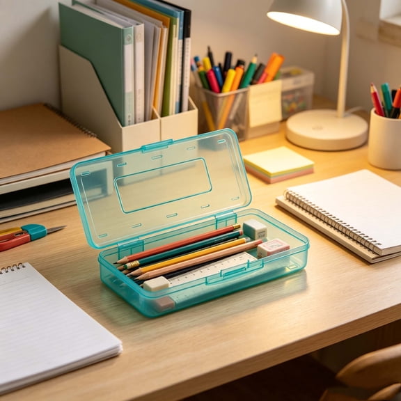 1 Pcs Clear Pencil Case, Large Capacity Hard Plastic Pencil Crayon Box Pen Storage Container with Snap Lid, Stackable Office Supplies, 8.1x4.8x2.3in