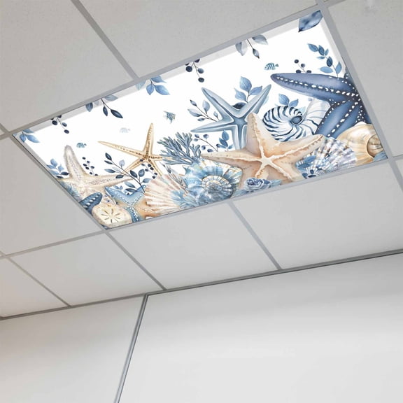 1 Pcs Coastal Fluorescent Light Covers Ocean Blue Beige Starfish Shells Eucalyptus Leaves Magnetic Light Covers for Ceiling Lights 4 x 2 ft Drop Ceiling Lights Cover Shade for Office, Home, Hospital