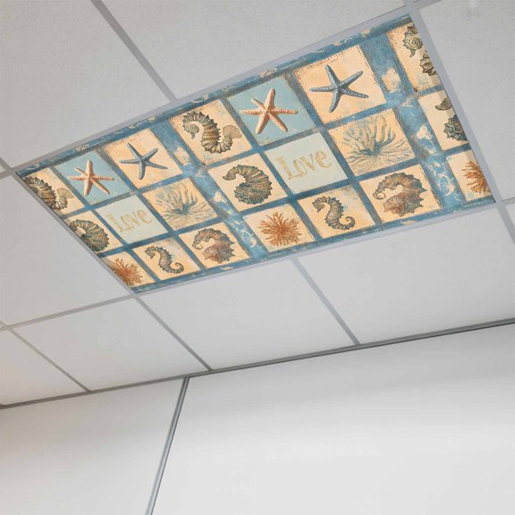 1 Pcs Coastal Plaid Love Fluorescent Light Covers Ocean Starfish Coral Nautical Starfish Magnetic Light Covers for Ceiling Lights 4 x 2 ft Drop Ceiling Lights Cover Shade for Office, Home, Hospital