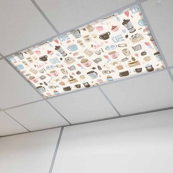 1 Pcs Coffee Cappuccino Fluorescent Light Covers Cartoon Hand Painted Modern Retro Magnetic Light Covers for Ceiling Lights 4 x 2 ft Drop Ceiling Lights Cover Shade for Office, Home, Hospital