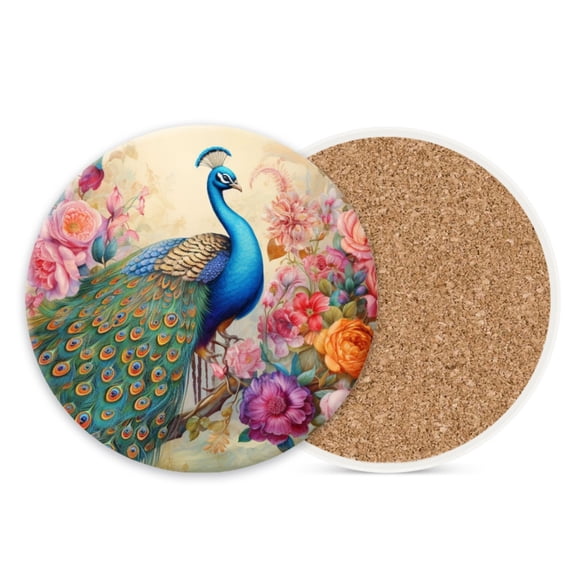 1 Pcs Coffee Cup Coasters for Drinks, Beautiful Peacock Surrounded by Roses Round Absorbent Non-Slip Ceramic Stone Cork Coasters for Kitchen Living Room Office Decoration Bar (4*4 Inch)