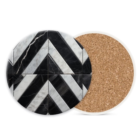 1 Pcs Coffee Cup Coasters for Drinks, Black and White Marble with Diagonal Pattern Round Absorbent Non-Slip Ceramic Stone Cork Coasters for Kitchen Living Room Office Decoration Bar (4*4 Inch)