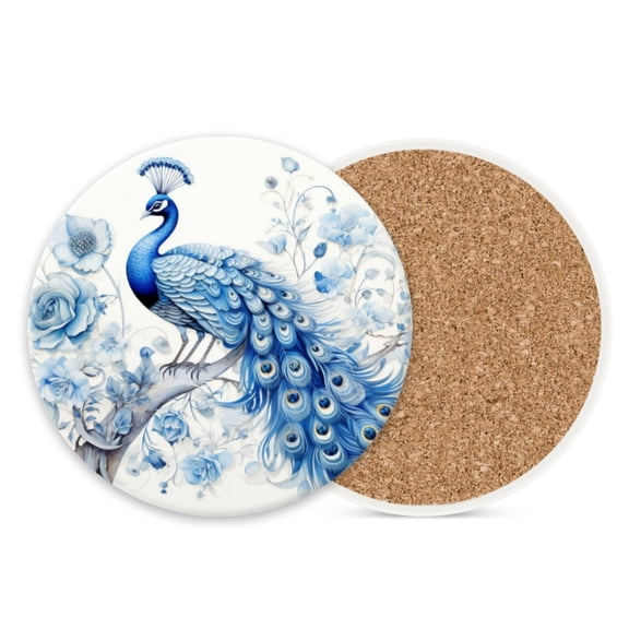 1 Pcs Coffee Cup Coasters for Drinks, Blue and White Peacock with Blue Roses Round Absorbent Non-Slip Ceramic Stone Cork Coasters for Kitchen Living Room Office Decoration Bar (4*4 Inch)