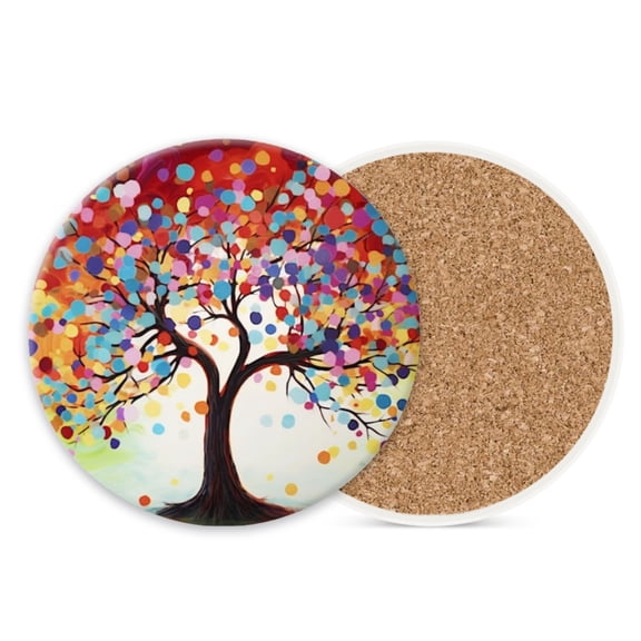 1 Pcs Coffee Cup Coasters for Drinks, Colorful Tree of Life with Vibrant Dots Round Absorbent Non-Slip Ceramic Stone Cork Coasters for Kitchen Living Room Office Decoration Bar (4*4 Inch)
