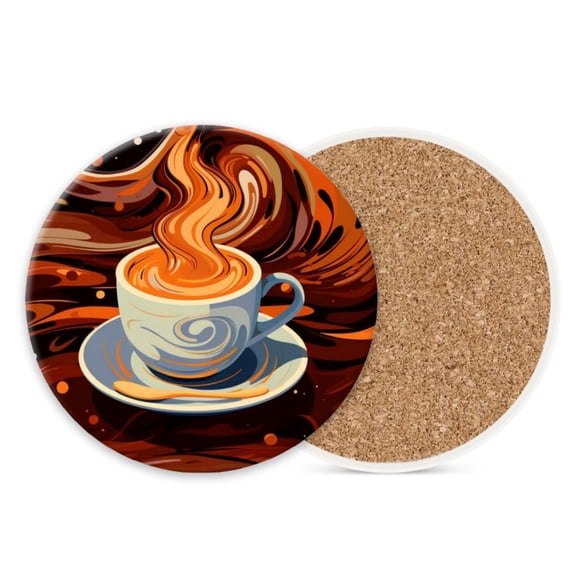 1 Pcs Coffee Cup Coasters for Drinks, Cup of Coffee with Brown and Orange Swirls Round Absorbent Non-Slip Ceramic Stone Cork Coasters for Kitchen Living Room Office Decoration Bar (4*4 Inch)