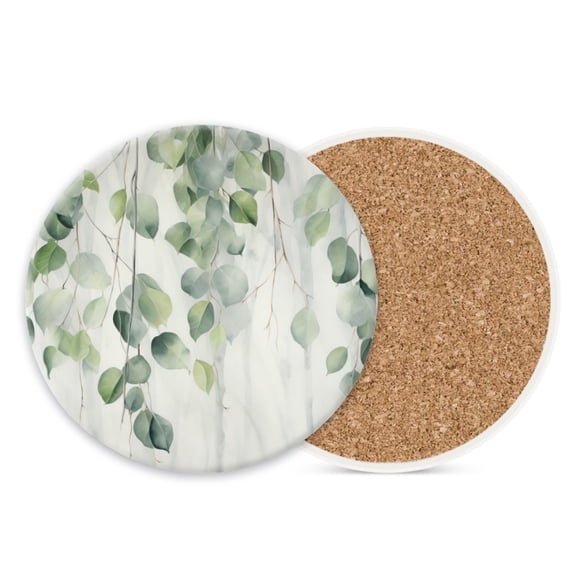 1 Pcs Coffee Cup Coasters for Drinks, Eucalyptus Leaves Hanging Down Round Absorbent Non-Slip Ceramic Stone Cork Coasters for Kitchen Living Room Office Decoration Bar (4*4 Inch)
