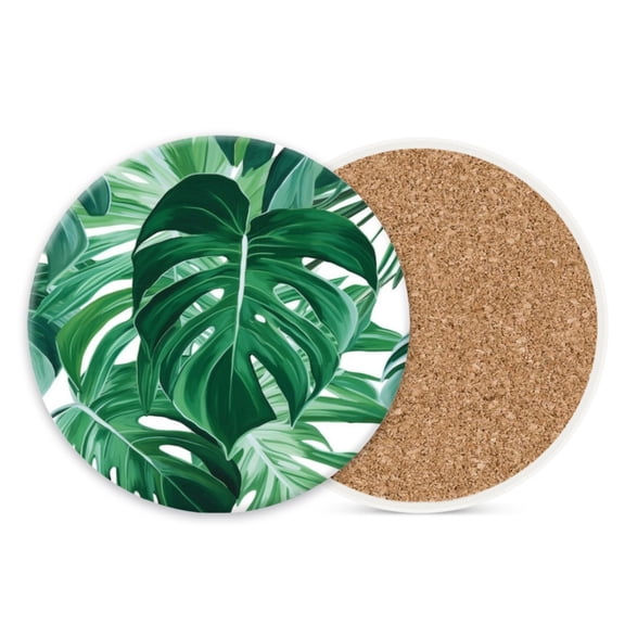 1 Pcs Coffee Cup Coasters for Drinks, Green Leaves Round Absorbent Non-Slip Ceramic Stone Cork Coasters for Kitchen Living Room Office Decoration Bar (4*4 Inch)