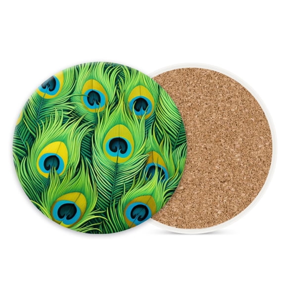 1 Pcs Coffee Cup Coasters for Drinks, Green Peacock Feathers Round Absorbent Non-Slip Ceramic Stone Cork Coasters for Kitchen Living Room Office Decoration Bar (4*4 Inch)