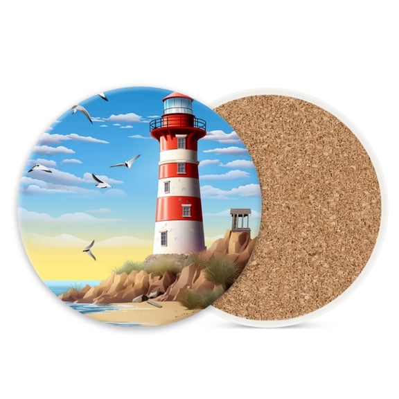 1 Pcs Coffee Cup Coasters for Drinks, Lighthouse on Beach with Seagulls in Sky Round Absorbent Non-Slip Ceramic Stone Cork Coasters for Kitchen Living Room Office Decoration Bar (4*4 Inch)