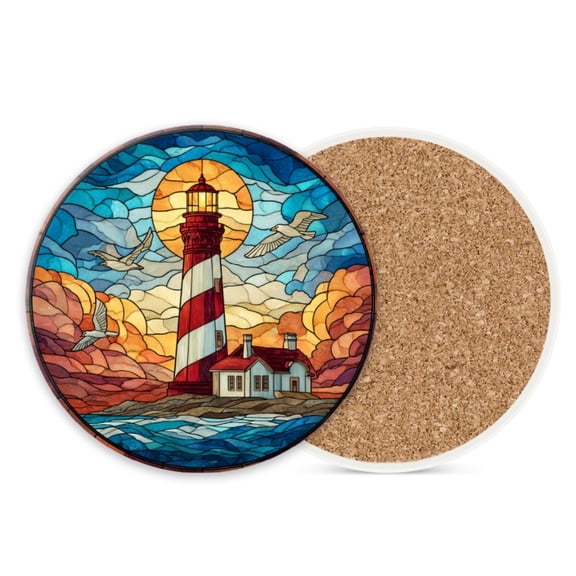 1 Pcs Coffee Cup Coasters for Drinks, Lighthouse by Sea with Birds at Sunset Round Absorbent Non-Slip Ceramic Stone Cork Coasters for Kitchen Living Room Office Decoration Bar (4*4 Inch)