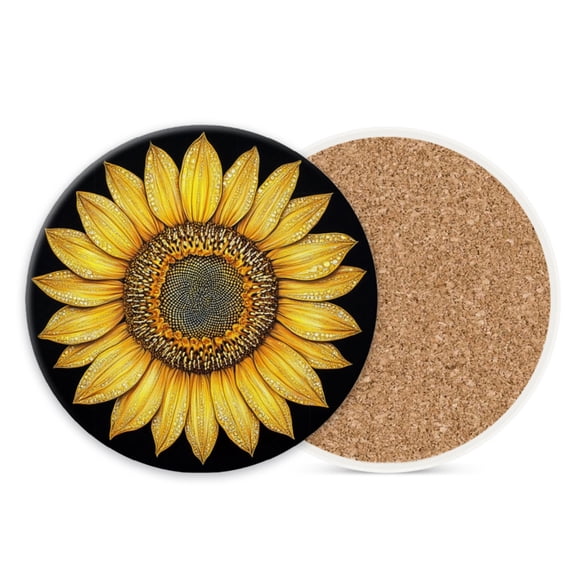 1 Pcs Coffee Cup Coasters for Drinks, Realistic Style Sunflower Round Absorbent Non-Slip Ceramic Stone Cork Coasters for Kitchen Living Room Office Decoration Bar (4*4 Inch)