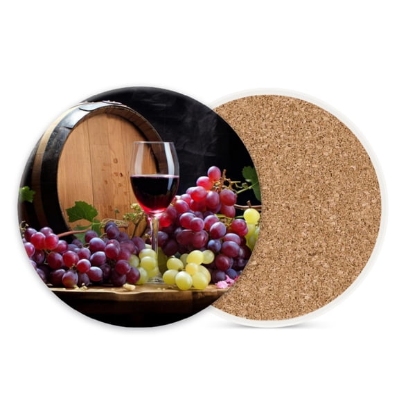 1 Pcs Coffee Cup Coasters for Drinks, Still Life of Grapes and Wine Round Absorbent Non-Slip Ceramic Stone Cork Coasters for Kitchen Living Room Office Decoration Bar (4*4 Inch)