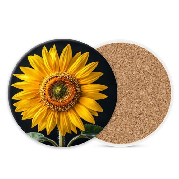 1 Pcs Coffee Cup Coasters for Drinks, Sunflower Blooming in Dark Round Absorbent Non-Slip Ceramic Stone Cork Coasters for Kitchen Living Room Office Decoration Bar (4*4 Inch)