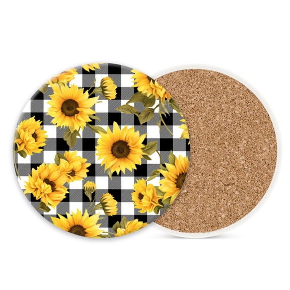 1 Pcs Coffee Cup Coasters for Drinks, Sunflower Blooms on Checkered Background Round Absorbent Non-Slip Ceramic Stone Cork Coasters for Kitchen Living Room Office Decoration Bar (4*4 Inch)