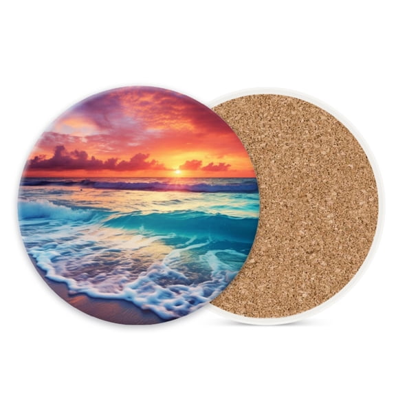 1 Pcs Coffee Cup Coasters for Drinks, Sunset over Ocean with Waves and Beach Round Absorbent Non-Slip Ceramic Stone Cork Coasters for Kitchen Living Room Office Decoration Bar (4*4 Inch)