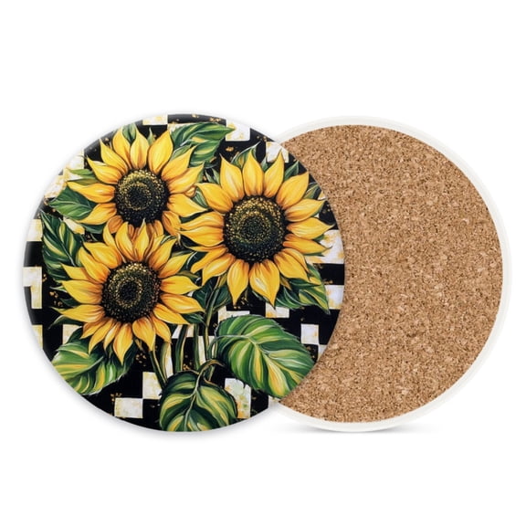 1 Pcs Coffee Cup Coasters for Drinks, Three Sunflowers on White and Black Checkerboard Background Round Absorbent Non-Slip Ceramic Stone Cork Coasters for Kitchen Office Bar (4*4 Inch)