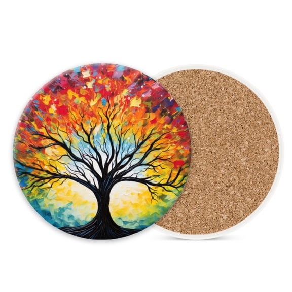 1 Pcs Coffee Cup Coasters for Drinks, Tree of Life with Branches Reaching Out to Sky Round Absorbent Non-Slip Ceramic Stone Cork Coasters for Kitchen Living Room Office Bar (4*4 Inch)