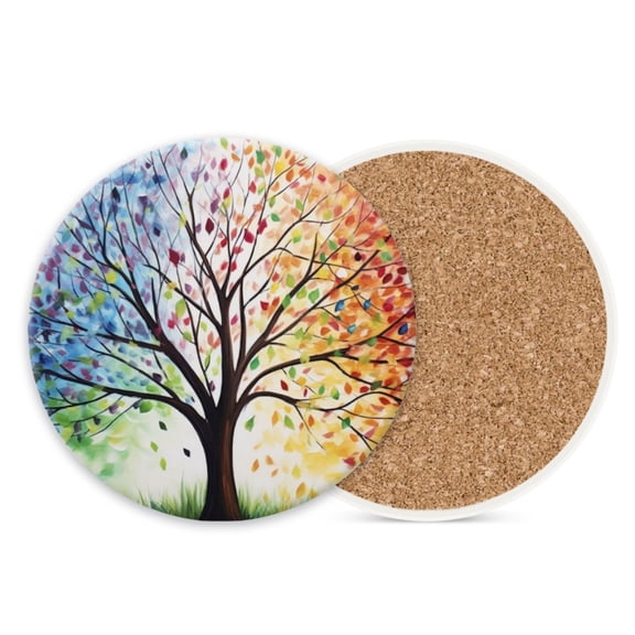 1 Pcs Coffee Cup Coasters for Drinks, Tree of Life with Multicolored Leaves Round Absorbent Non-Slip Ceramic Stone Cork Coasters for Kitchen Living Room Office Decoration Bar (4*4 Inch)