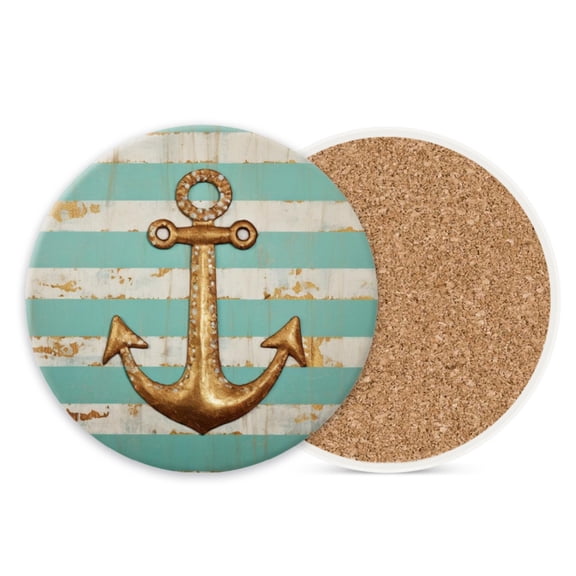 1 Pcs Coffee Cup Coasters for Drinks, Vintage Gold Nautical Anchor Round Absorbent Non-Slip Ceramic Stone Cork Coasters for Kitchen Living Room Office Decoration Bar (4*4 Inch)