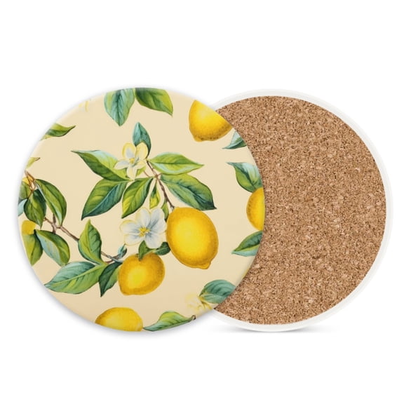 1 Pcs Coffee Cup Coasters for Drinks, Yellow Lemons with Green Leaves on Branches Round Absorbent Non-Slip Ceramic Stone Cork Coasters for Kitchen Living Room Office Decoration Bar (4*4 Inch)
